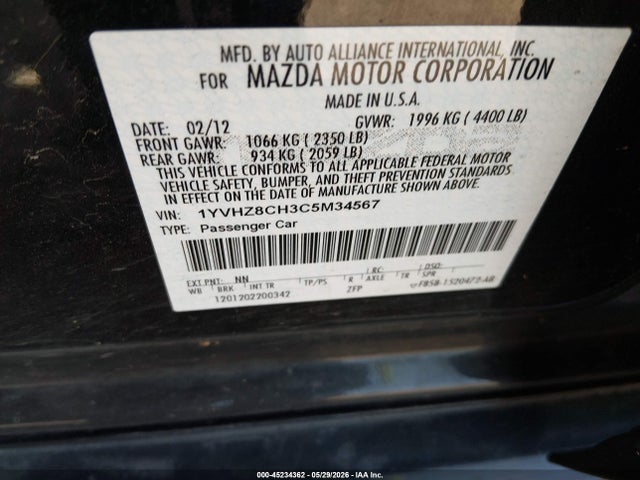 Продажа на аукционе авто 2012 Mazda Mazda6 I Grand Touring, vin: 1YVHZ8CH3C5M34567, номер лота: 45234362