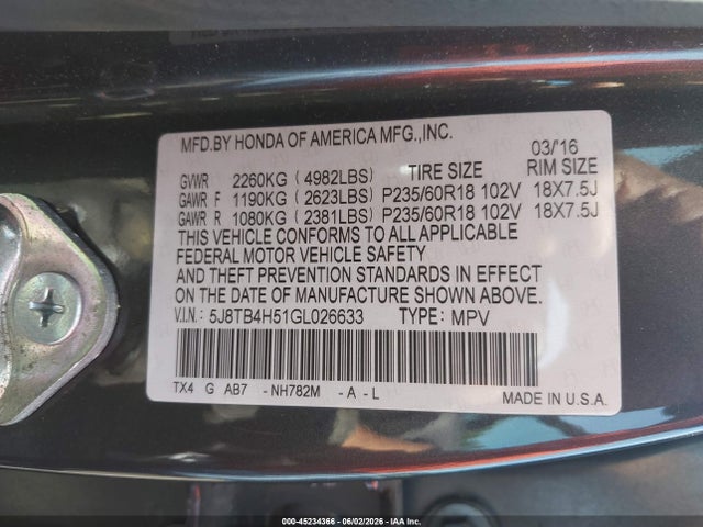 Aukcja sprzedaży 2016 Acura Rdx Technology   Acurawatch Plus Packages/technology Package, vin: 5J8TB4H51GL026633, numer aukcji: 45234366