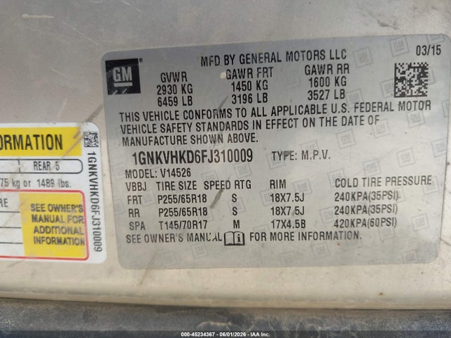 1GNKVHKD6FJ310009 Chevrolet Traverse 2lt