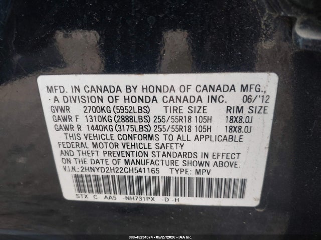 Продаж на аукціоні авто 2012 Acura Mdx, vin: 2HNYD2H22CH541165, номер лоту: 45234374