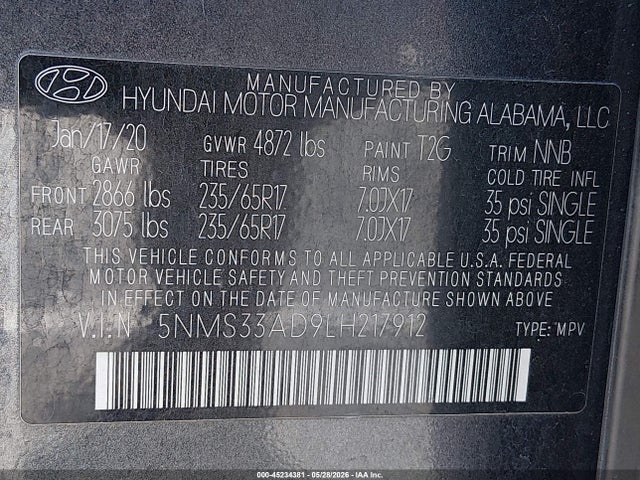 Продажа на аукционе авто 2020 Hyundai Santa Fe Sel, vin: 5NMS33AD9LH217912, номер лота: 45234381
