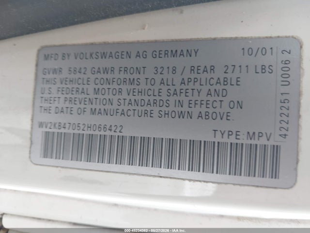 Aukcja sprzedaży 2002 Volkswagen Eurovan Gls, vin: WV2KB47052H066422, numer aukcji: 45234382