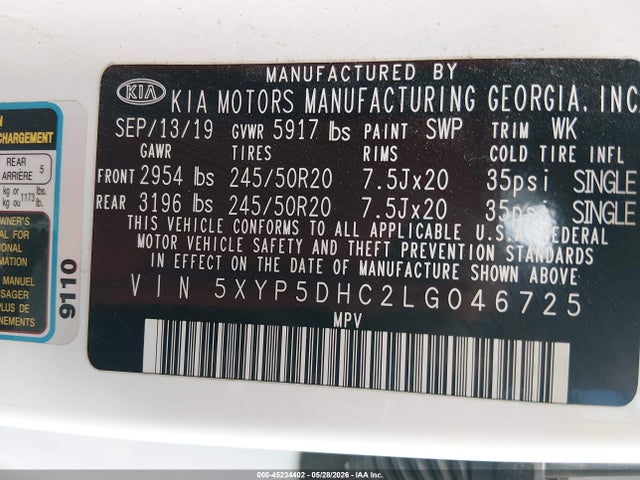 Aukcja sprzedaży 2020 Kia Telluride Sx, vin: 5XYP5DHC2LG046725, numer aukcji: 45234402