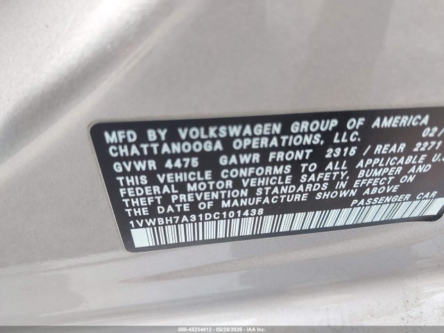Продаж на аукціоні авто 2013 Volkswagen Passat 2.5l Se, vin: 1VWBH7A31DC101438, номер лоту: 45234412