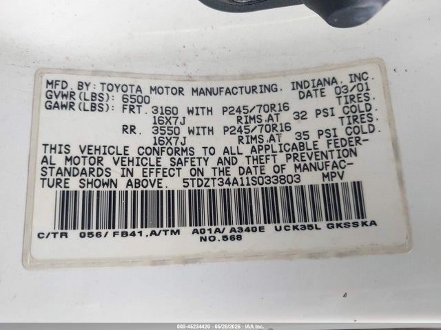 Aukcja sprzedaży 2001 Toyota Sequoia Sr5 V8, vin: 5TDZT34A11S033803, numer aukcji: 45234420