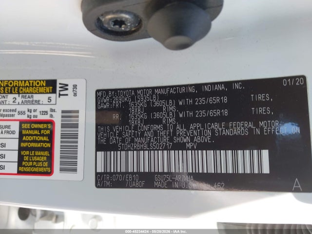 2020 Toyota Highlander Xle მანქანა იყიდება აუქციონზე, vin: 5TDHZRBH9LS502717, აუქციონის ნომერი: 45234424