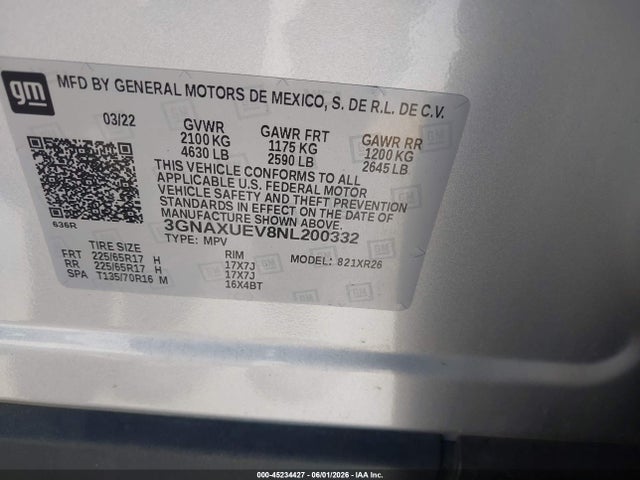 3GNAXUEV8NL200332 Chevrolet Equinox Awd Lt