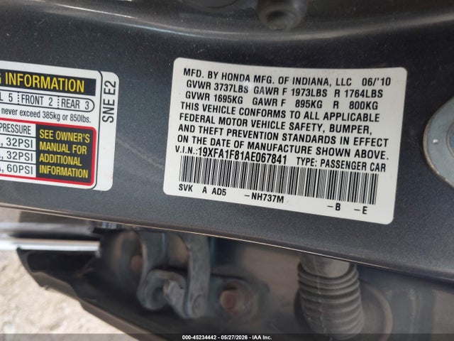 Aukcja sprzedaży 2010 Honda Civic Ex, vin: 19XFA1F81AE067841, numer aukcji: 45234442