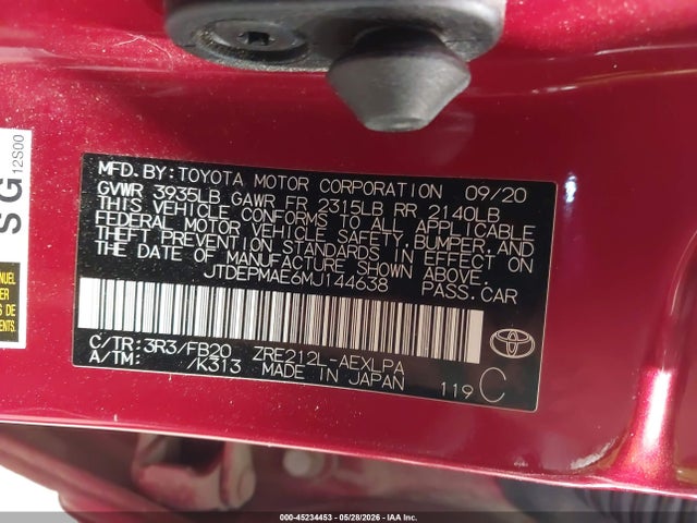 Продаж на аукціоні авто 2021 Toyota Corolla Le, vin: JTDEPMAE6MJ144638, номер лоту: 45234453