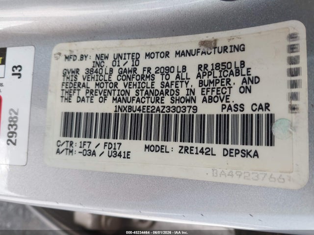 Aukcja sprzedaży 2010 Toyota Corolla S, vin: 1NXBU4EE2AZ330379, numer aukcji: 45234464