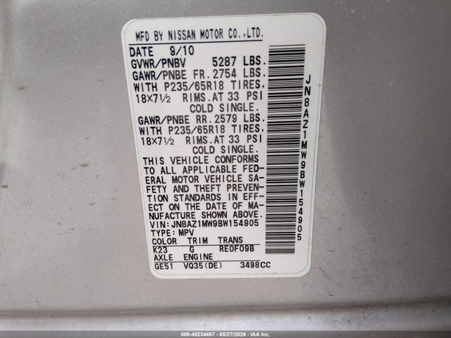2011 Nissan Murano Sl მანქანა იყიდება აუქციონზე, vin: JN8AZ1MW9BW154905, აუქციონის ნომერი: 45234467