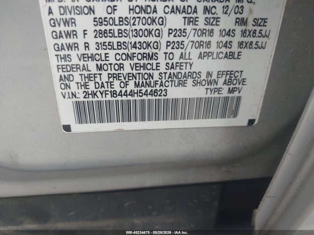 2004 Honda Pilot Ex მანქანა იყიდება აუქციონზე, vin: 2HKYF18444H544623, აუქციონის ნომერი: 45234475