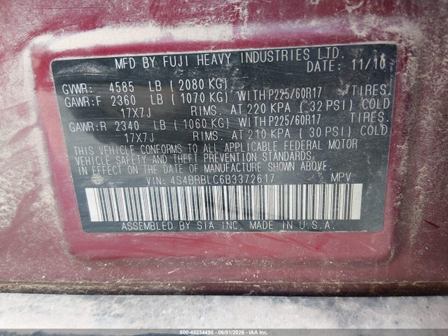 2011 Subaru Outback 2.5i Limited მანქანა იყიდება აუქციონზე, vin: 4S4BRBLC6B3372617, აუქციონის ნომერი: 45234498