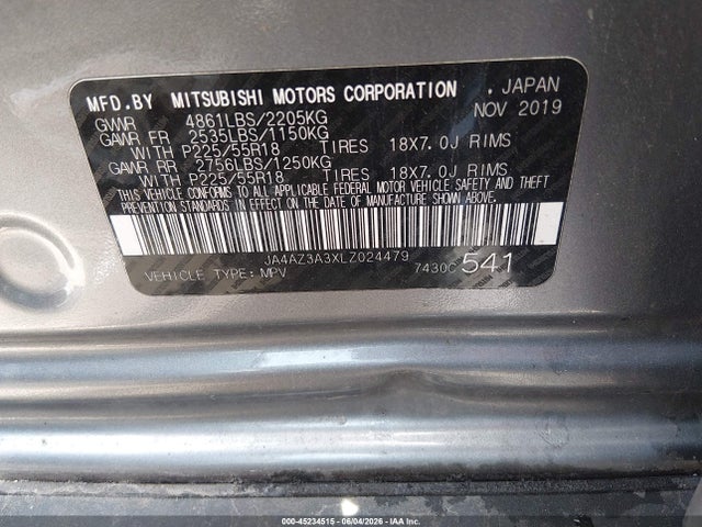 Продажа на аукционе авто 2020 Mitsubishi Outlander Sel 2.4 S-awc, vin: JA4AZ3A3XLZ024479, номер лота: 45234515