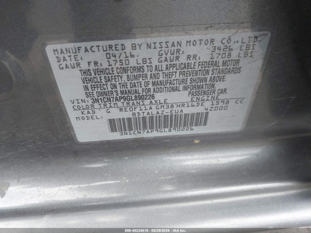 Aukcja sprzedaży 2016 Nissan Versa 1.6 S+, vin: 3N1CN7AP9GL890226, numer aukcji: 45234516