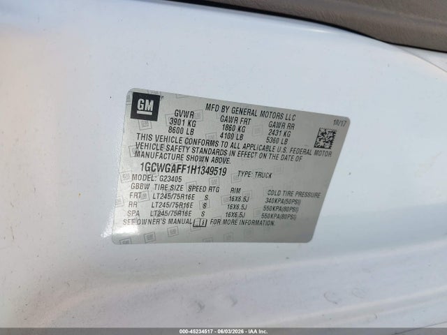 Aukcja sprzedaży 2017 Chevrolet Express 2500 Work Van, vin: 1GCWGAFF1H1349519, numer aukcji: 45234517