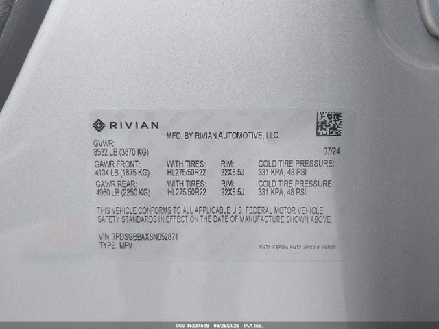 7PDSGBBAXSN052871 Rivian R1s Adventure Dual Motor Large Pack/adventure Dual Motor Max Pack