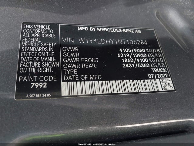 Aukcja sprzedaży 2022 Mercedes-benz Sprinter 2500 High Roof V6, vin: W1Y4EDHY1NT106284, numer aukcji: 45234521