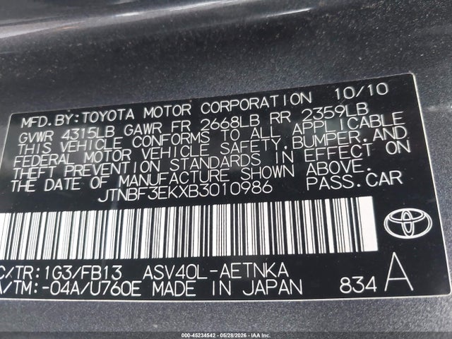 2011 Toyota Camry Le მანქანა იყიდება აუქციონზე, vin: JTNBF3EKXB3010986, აუქციონის ნომერი: 45234542