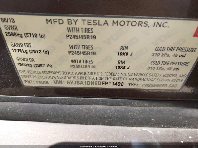 45234550 :رقم المزاد ، 5YJSA1DN6DFP11498 vin ، 2013 Tesla Model S مزاد بيع