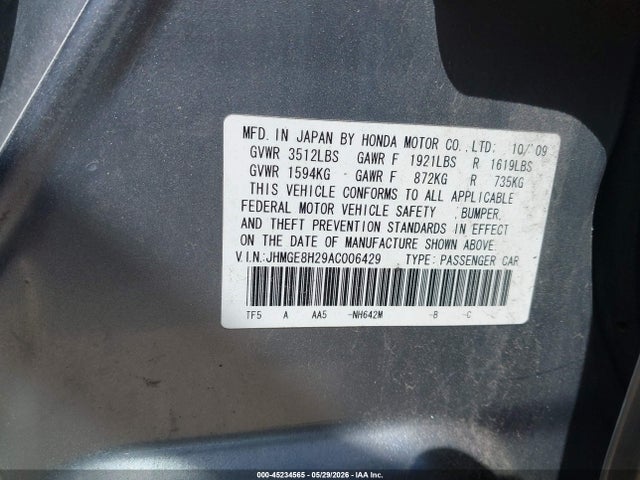 45234565 :رقم المزاد ، JHMGE8H29AC006429 vin ، 2010 Honda Fit مزاد بيع