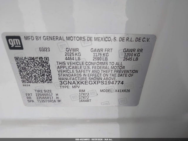 Aukcja sprzedaży 2023 Chevrolet Equinox Fwd Lt, vin: 3GNAXKEGXPS194774, numer aukcji: 45234572