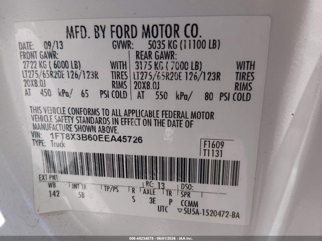 Auction sale of the 2014 Ford F-350 Lariat, vin: 1FT8X3B60EEA45726, lot number: 45234578