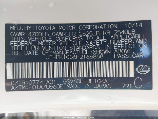 Aukcja sprzedaży 2015 Lexus Es 350, vin: JTHBK1GG6F2166868, numer aukcji: 45234593