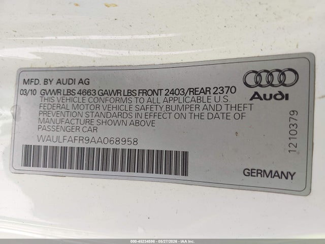 2010 Audi A5 2.0t Premium მანქანა იყიდება აუქციონზე, vin: WAULFAFR9AA068958, აუქციონის ნომერი: 45234598