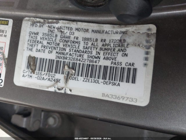 Продаж на аукціоні авто 2004 Toyota Corolla S, vin: 1NXBR32E84Z278647, номер лоту: 45234607