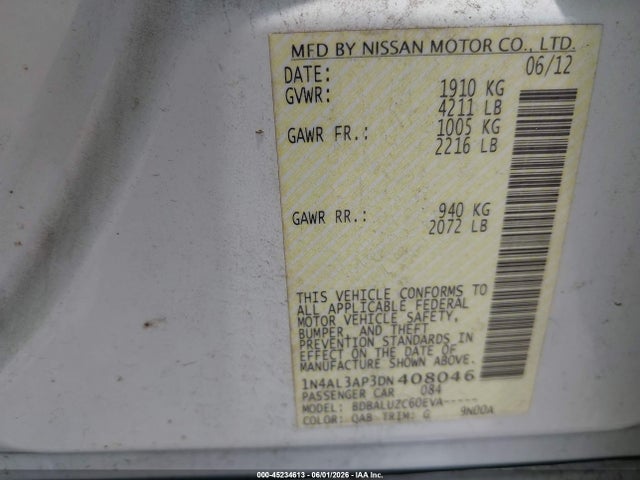 45234613 :رقم المزاد ، 1N4AL3AP3DN408046 vin ، 2013 Nissan Altima 2.5 Sv مزاد بيع