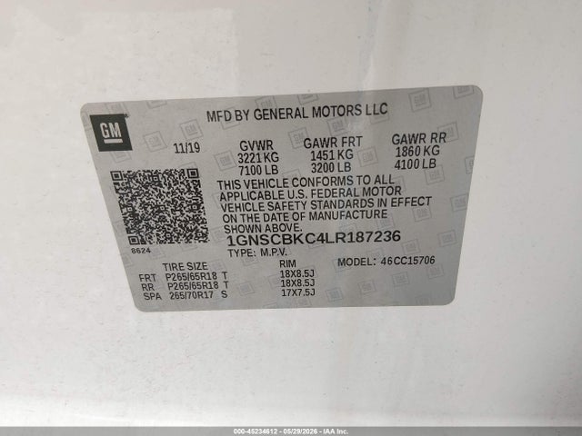 2020 Chevrolet Tahoe 2wd Lt მანქანა იყიდება აუქციონზე, vin: 1GNSCBKC4LR187236, აუქციონის ნომერი: 45234612