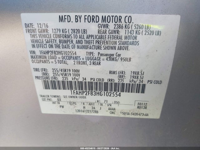 45234615 :رقم المزاد ، 1FAHP2F83HG102554 vin ، 2017 Ford Taurus Limited مزاد بيع