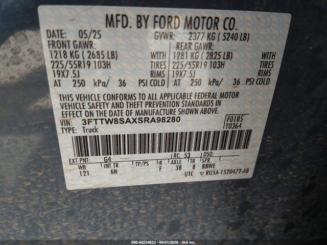 45234623 :رقم المزاد ، 3FTTW8SAXSRA98280 vin ، 2025 Ford Maverick Lariat مزاد بيع