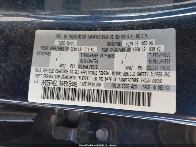 Продажа на аукционе авто 2022 Mazda Mazda3 Select, vin: 3MZBPABL7NM316448, номер лота: 45234636