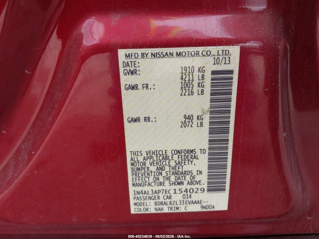 Продажа на аукционе авто 2014 Nissan Altima 2.5 S, vin: 1N4AL3AP7EC154029, номер лота: 45234639