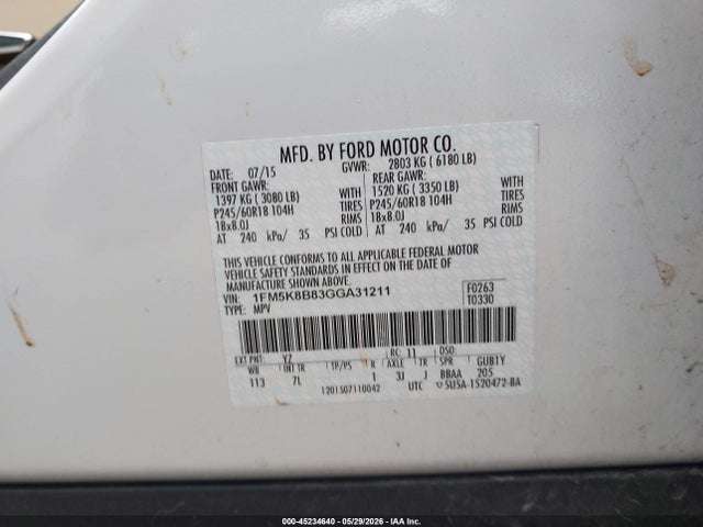 Aukcja sprzedaży 2016 Ford Explorer, vin: 1FM5K8B83GGA31211, numer aukcji: 45234640