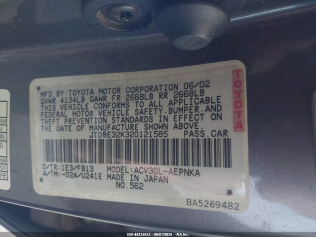 Продаж на аукціоні авто 2002 Toyota Camry Le, vin: JTDBE32K320121585, номер лоту: 45234643