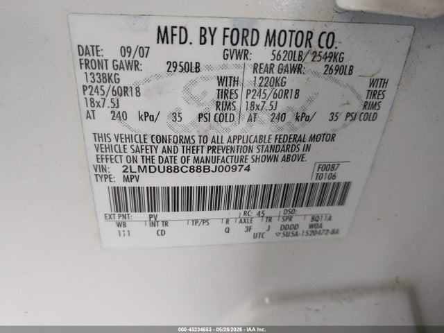 45234653 :رقم المزاد ، 2LMDU88C88BJ00974 vin ، 2008 Lincoln Mkx مزاد بيع