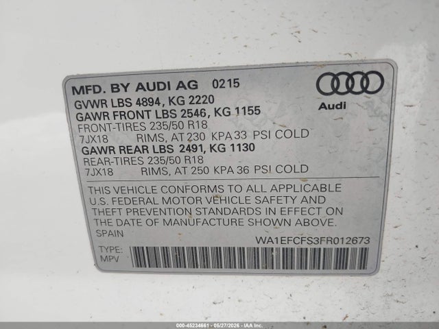 Aukcja sprzedaży 2015 Audi Q3 2.0t Premium Plus, vin: WA1EFCFS3FR012673, numer aukcji: 45234661