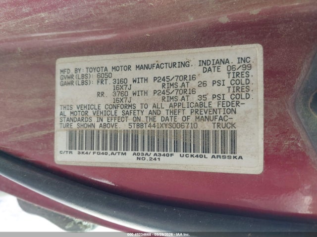2000 Toyota Tundra Sr5 V8 მანქანა იყიდება აუქციონზე, vin: 5TBBT441XYS006710, აუქციონის ნომერი: 45234668