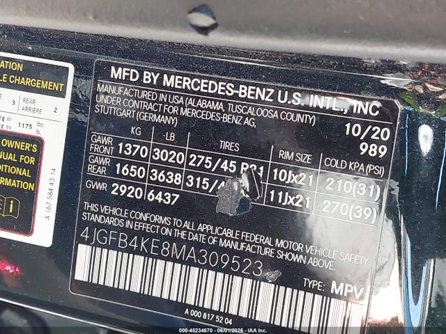 Aukcja sprzedaży 2021 Mercedes-benz Gle 350 4matic, vin: 4JGFB4KE8MA309523, numer aukcji: 45234670