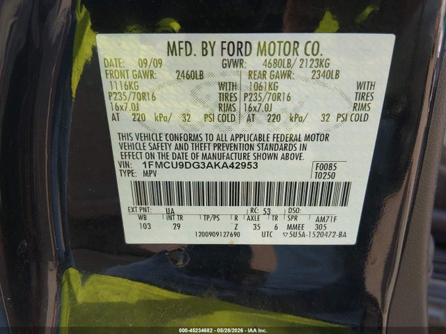 Aukcja sprzedaży 2010 Ford Escape Xlt, vin: 1FMCU9DG3AKA42953, numer aukcji: 45234682