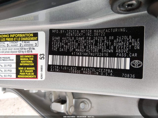 2022 Toyota Camry Xse მანქანა იყიდება აუქციონზე, vin: 4T1K61AK7NU702616, აუქციონის ნომერი: 45234684