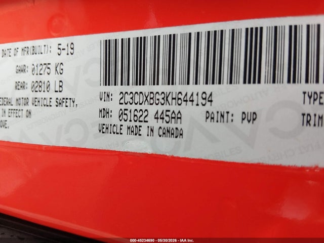 2019 Dodge Charger Sxt Rwd მანქანა იყიდება აუქციონზე, vin: 2C3CDXBG3KH644194, აუქციონის ნომერი: 45234690