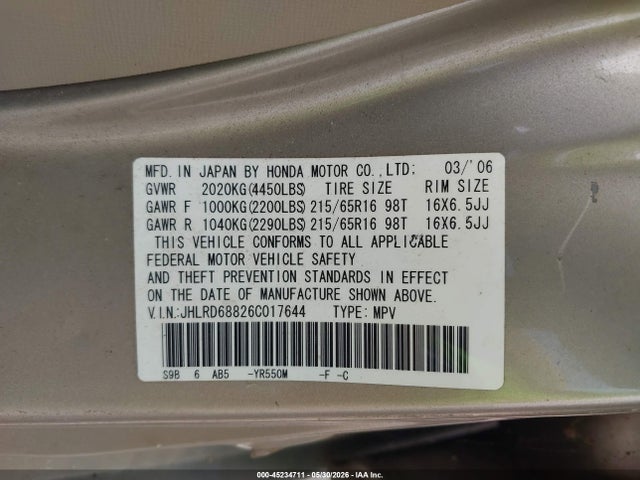 Продаж на аукціоні авто 2006 Honda Cr-v Ex, vin: JHLRD68826C017644, номер лоту: 45234711