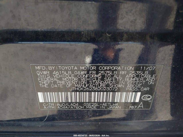 45234723 :رقم المزاد ، JTHCK262382023072 vin ، 2008 Lexus Is 250 مزاد بيع
