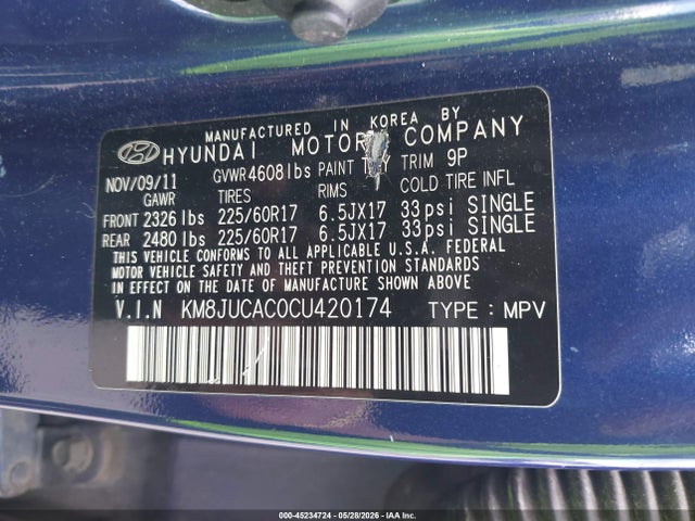 Aukcja sprzedaży 2012 Hyundai Tucson Gls, vin: KM8JUCAC0CU420174, numer aukcji: 45234724