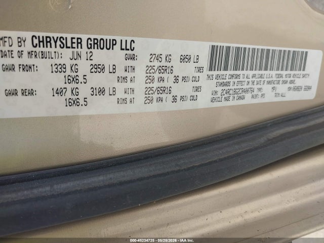 45234725 :رقم المزاد ، 2C4RC1BG2CR400764 vin ، 2012 Chrysler Town & Country Touring مزاد بيع