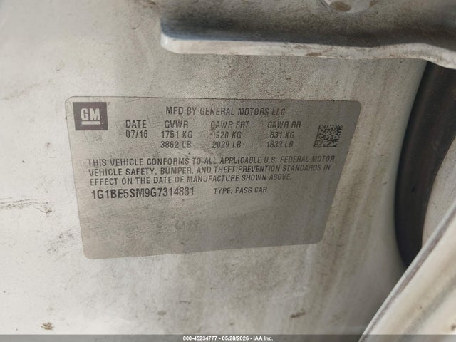 Aukcja sprzedaży 2016 Chevrolet Cruze Lt Auto, vin: 1G1BE5SM9G7314831, numer aukcji: 45234777